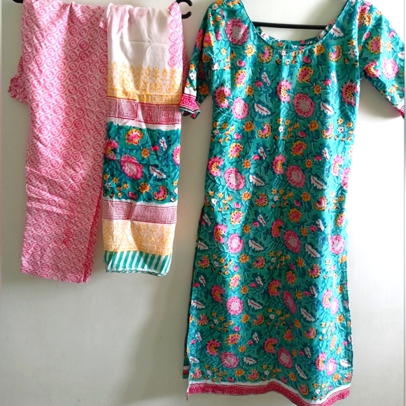 Other - Bagru cotton  green Hand block printed kurta set (set 0f 3). With dupatta
